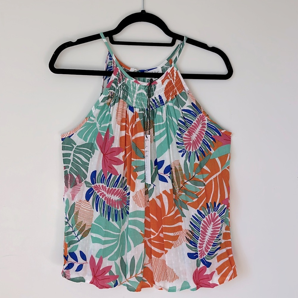 Brand New w Tags! NICOLE MILLER Tropical Print High Neck Top Size M